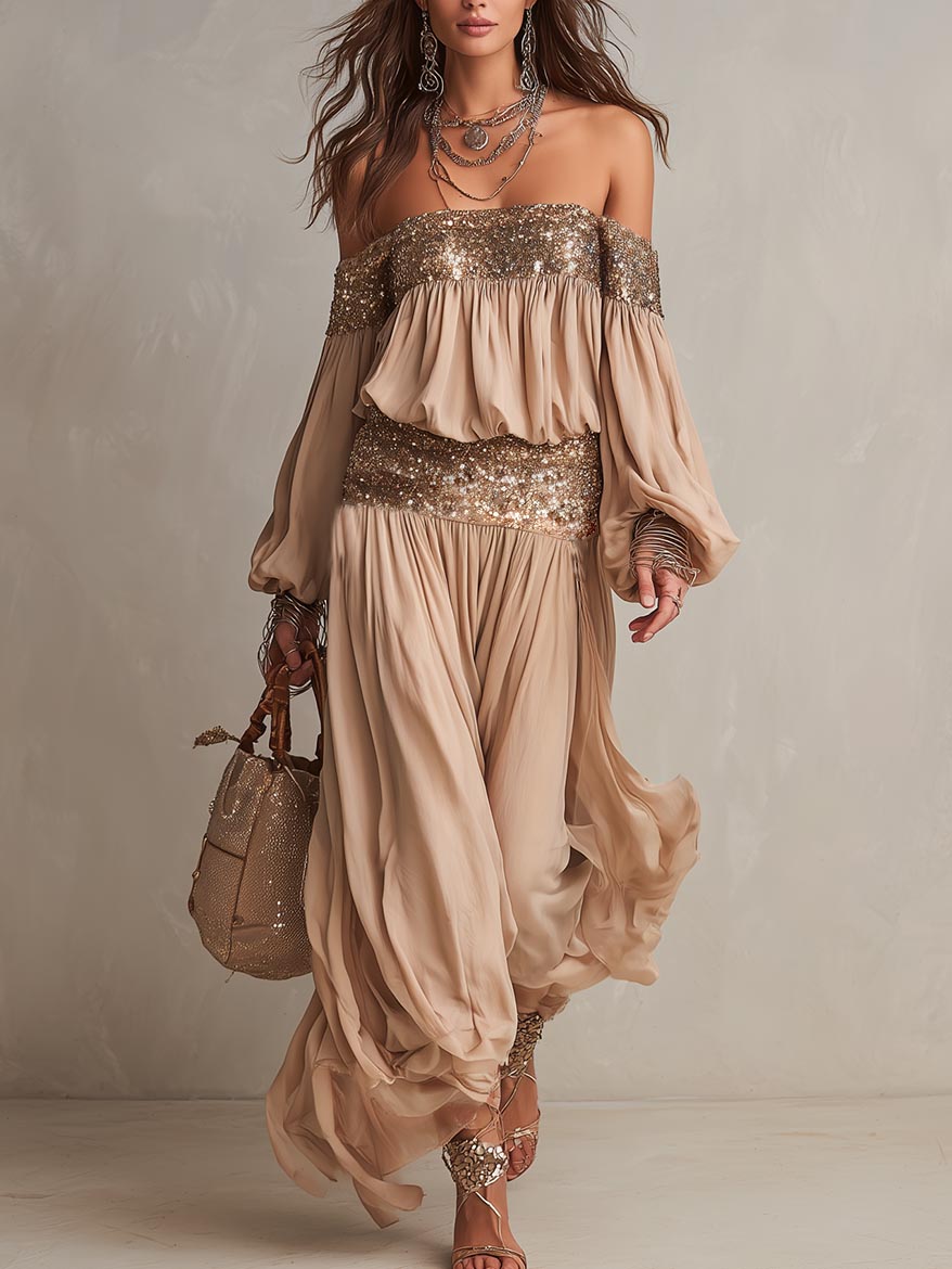 Elegant Off-Shoulder Sequin Embellished Flowy Maxi Dress Two-Piece Set