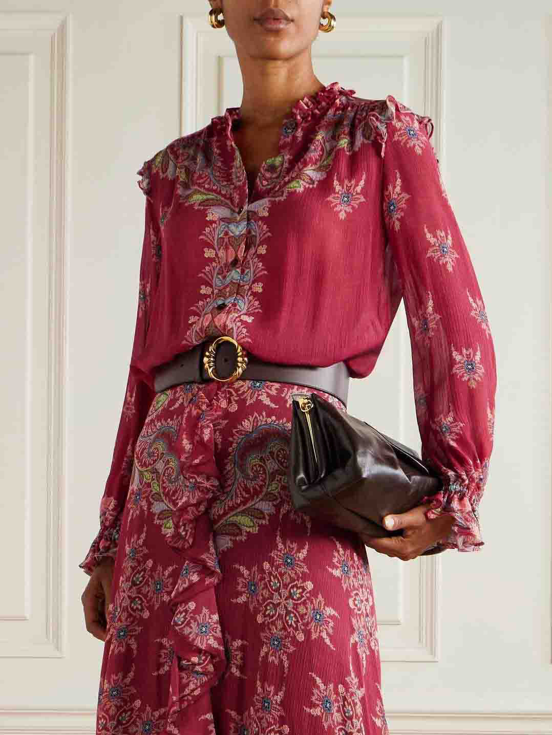 Exquisite Bohemian Ruffled Printed Chiffon Shirt