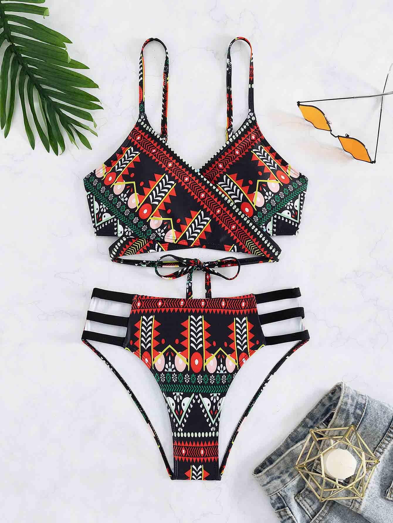 Ethnic Style Printed Cross Strap Sexy Bikini Set