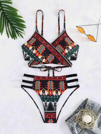 Ethnic Style Printed Cross Strap Sexy Bikini Set