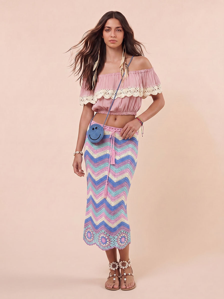 Bohemian Ruffle Crop Top & Crochet Herringbone Skirt Two-Piece Set