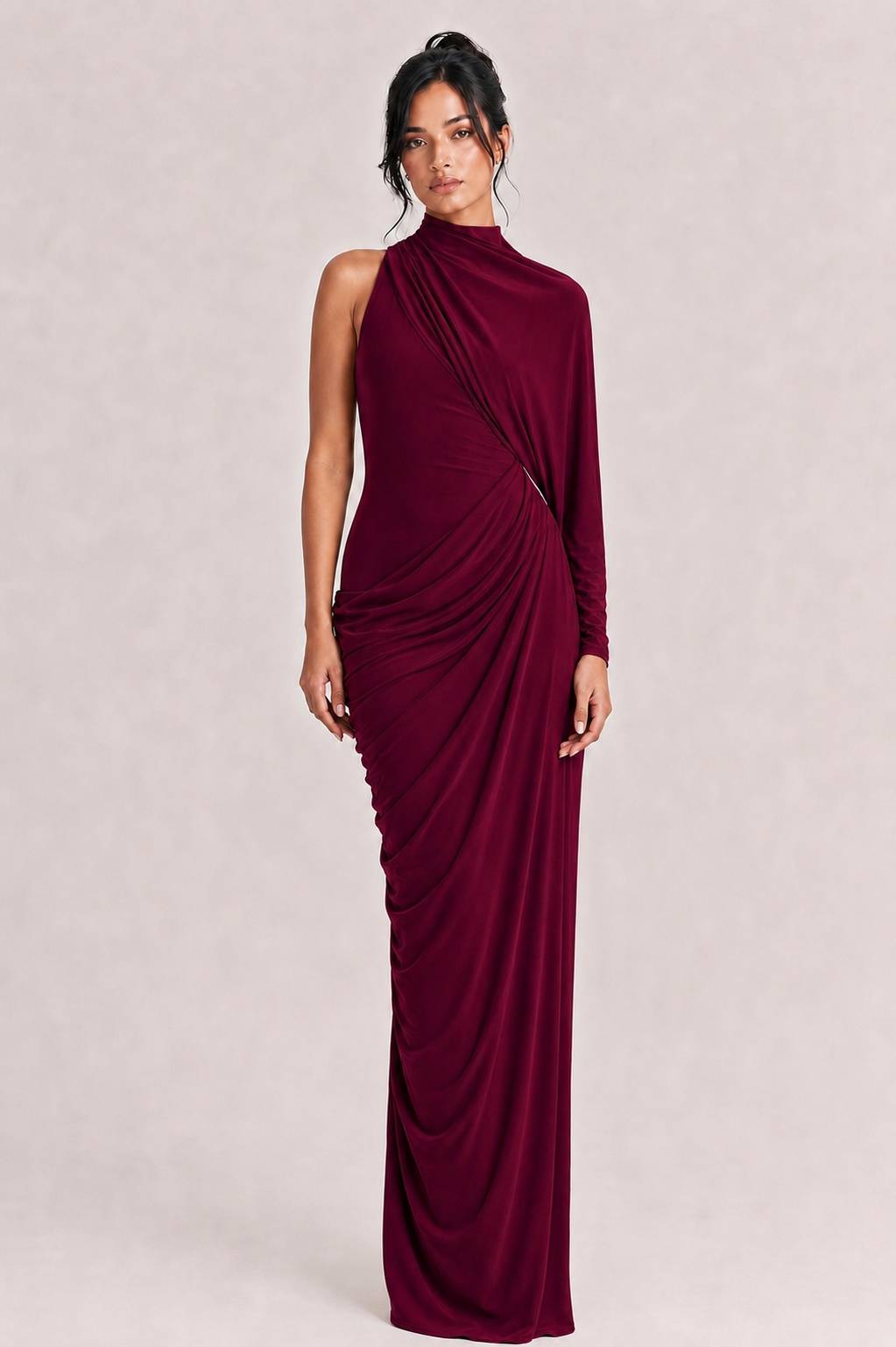 Elegant Asymmetrical One-Sleeve Draped Maxi Dress