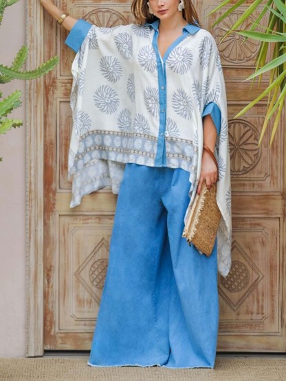 Casual Geometric Print Batwing Sleeve Lapel Shirt & Jeans Two-Piece Set