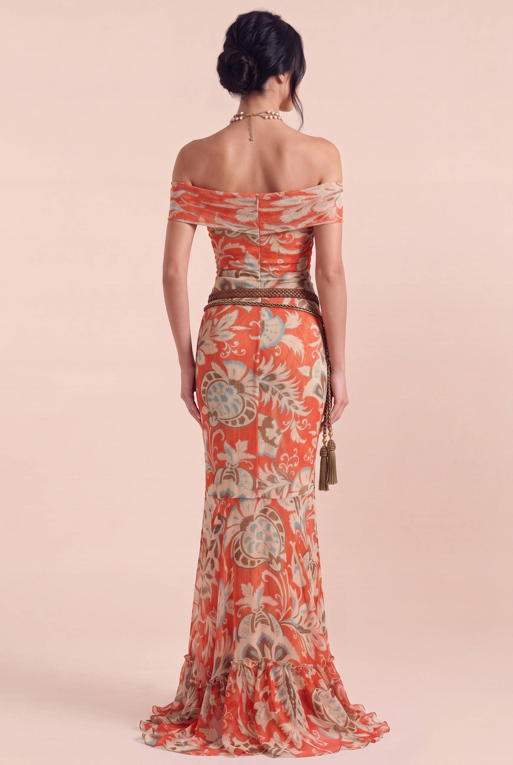 Vintage Red-tone Paisley Kink Sleeveless Slim-fit Fishtail Dress