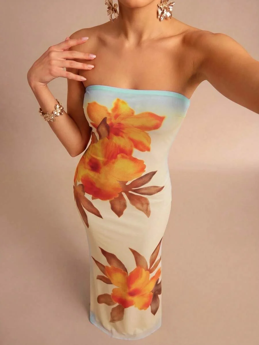 Strapless Floral Print Slim Fit Tube Column Maxi Dress