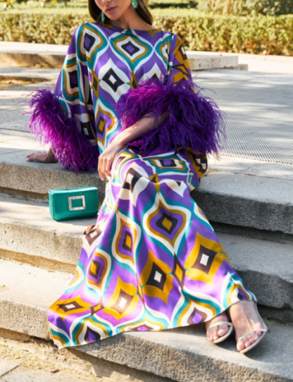 Elegant Geometric Print Feather Cuff Satin Maxi Dress