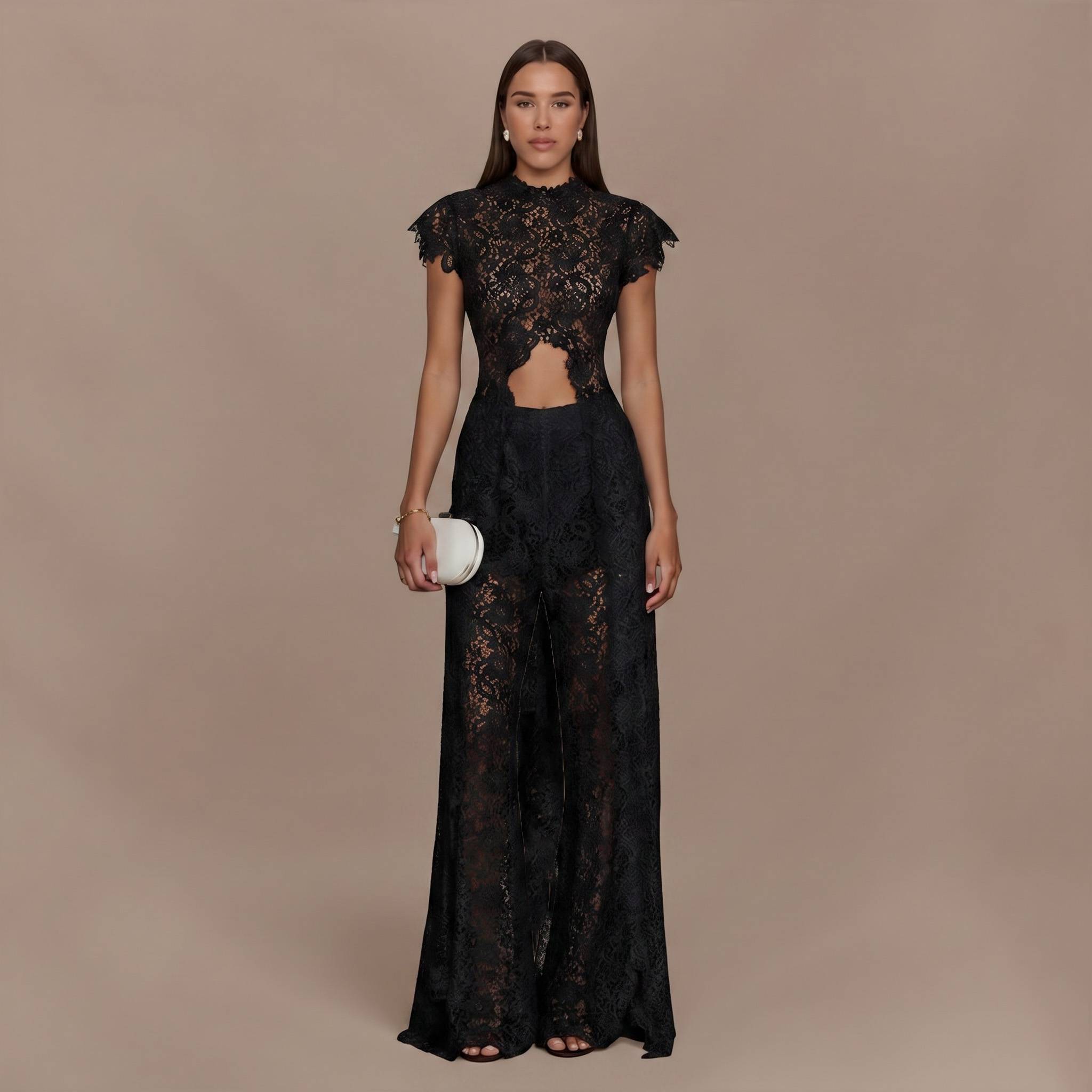 Lace Long-sleeved Top And Wide-leg Pants Set（Headscarf Not Included）