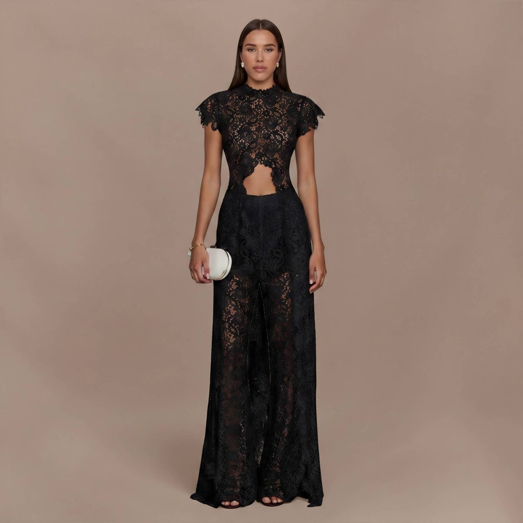Lace Long-sleeved Top And Wide-leg Pants Set（Headscarf Not Included）