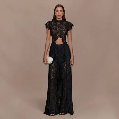 Lace Long-sleeved Top And Wide-leg Pants Set（Headscarf Not Included）