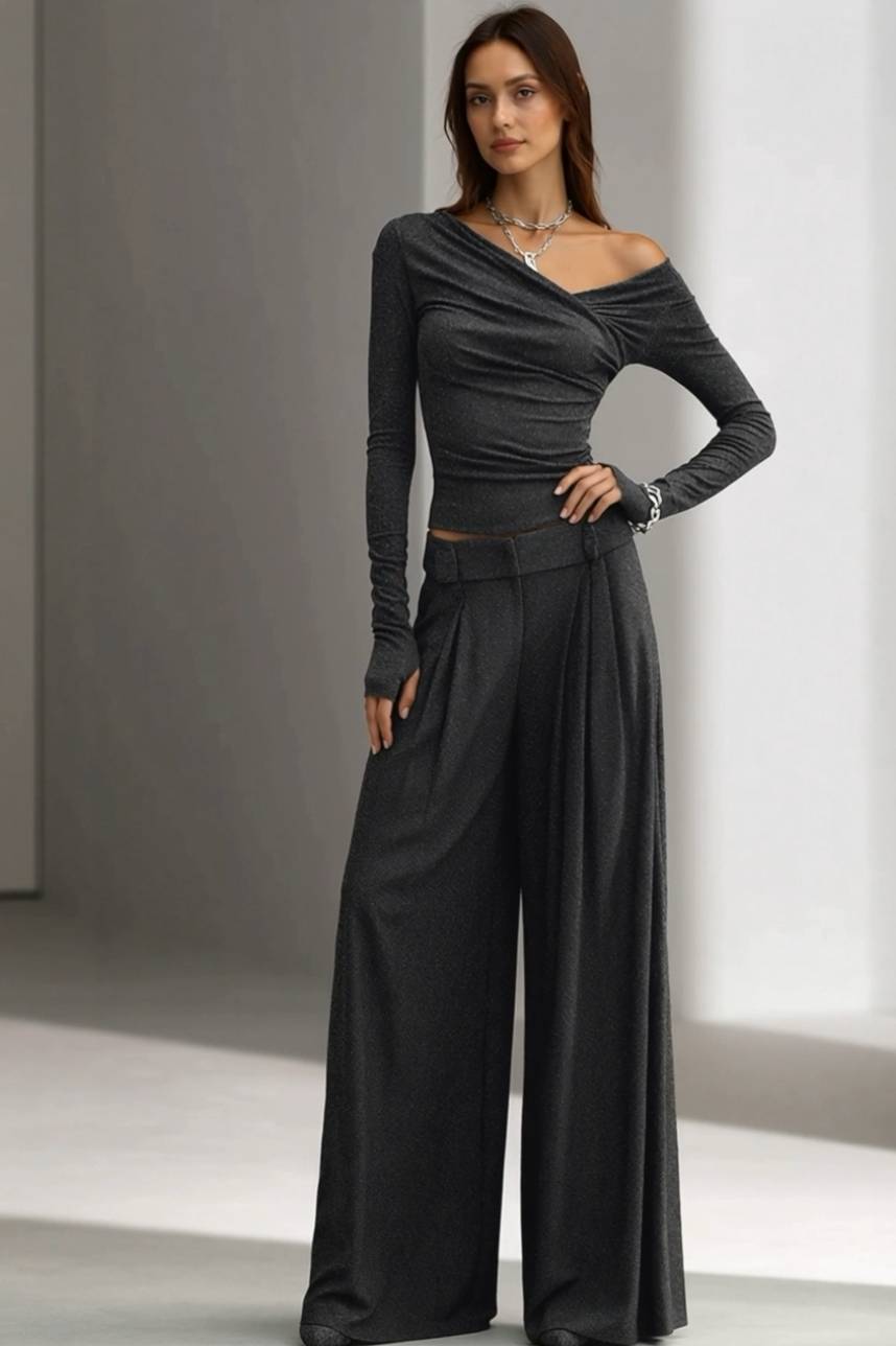 Minimalist V-Neck T-Shirt And Wide Leg Pants Set
