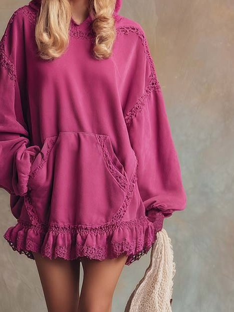 Elegant Lace-trimmed Ruffled Hem Hooded Mini Dress