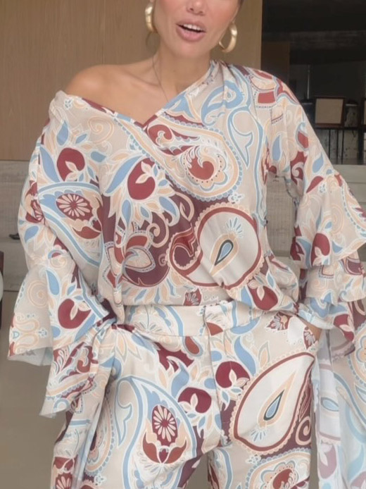 Bohemian Print Bell Sleeve Loose Shirt