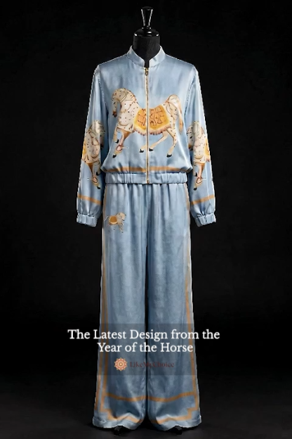 Exquisite Satin Horse Print Zip Jacket & Wide-Leg Pants Two-Piece Set