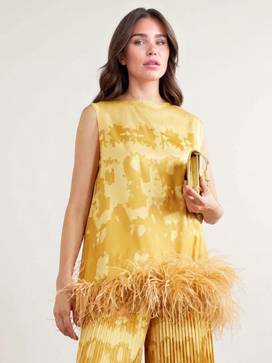 Exquisite Abstract Print Sleeveless Feather-Trim Top