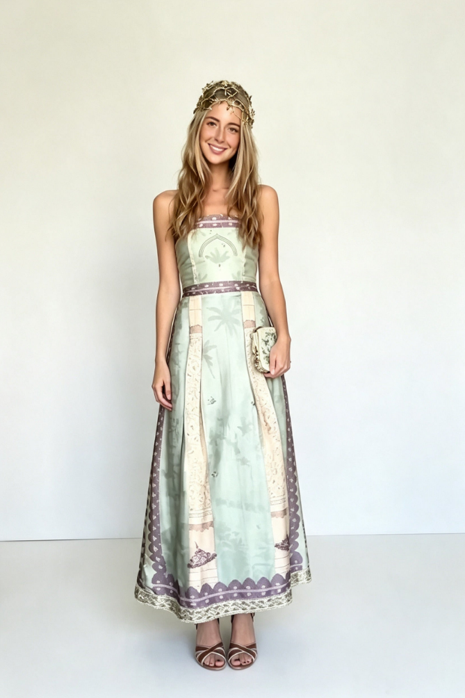 Women's Vintage Boho Strapless Maxi Dress - Sage Green & Purple Border Print Satin Summer Beach Dress