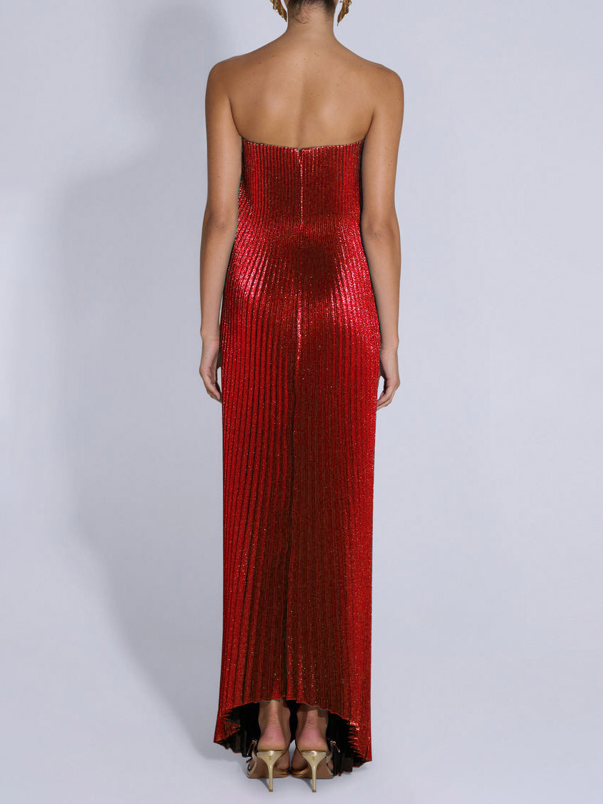 Elegant Strapless Gown With Shiny Pleated Maxi Dress