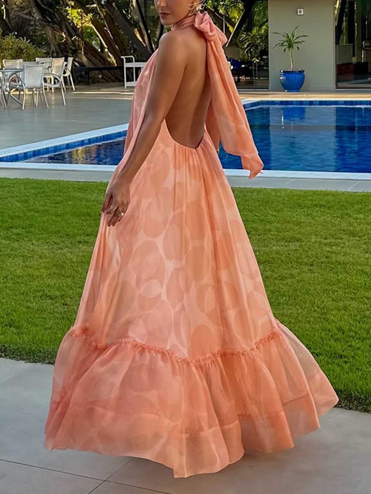 Halter Neck Bright Geometric Print Maxi Dress