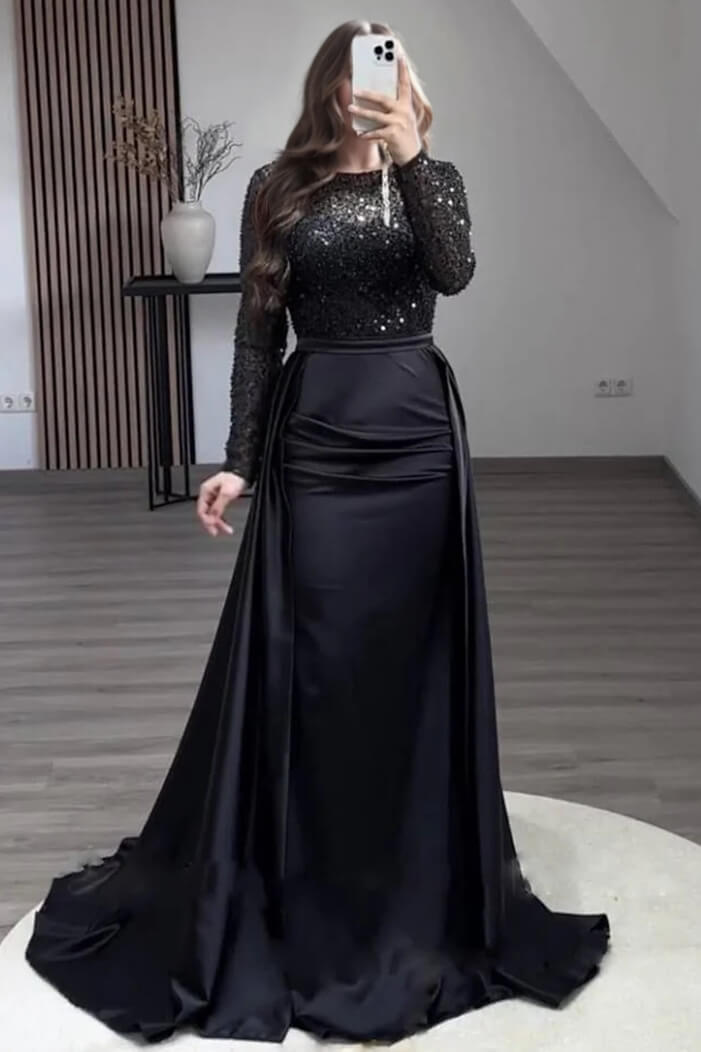 Exquisite Black Sparkling Rhinestone Sheer Tulle Sleeve Party Maxi Dress