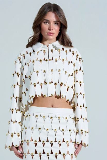 Exquisite Cut-Out Studded PU Cropped Cardigan Top And Maxi Skirt Set