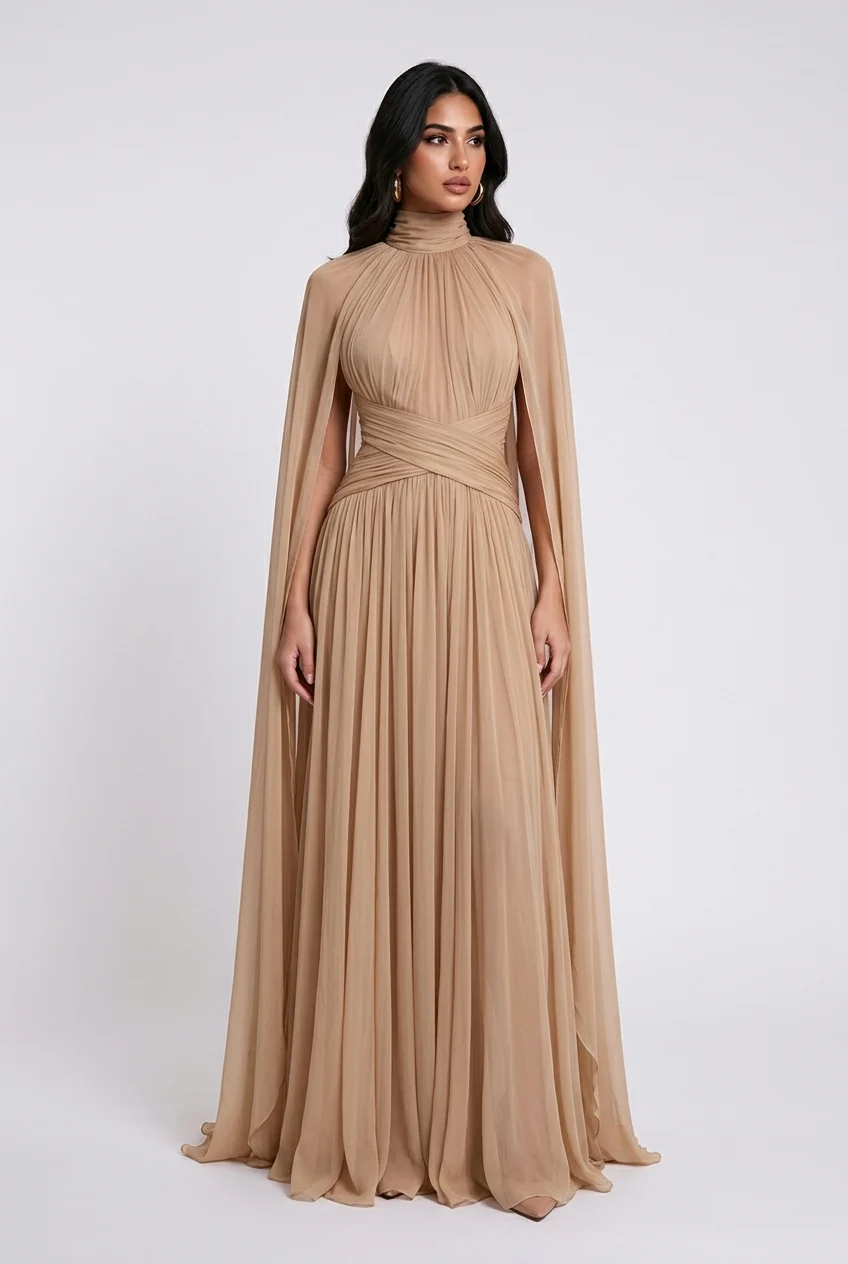 High Neck Pleated Cape Sleeve Chiffon Maxi Evening Dress [erp-image:e5262185c59201e5f5385acd]
