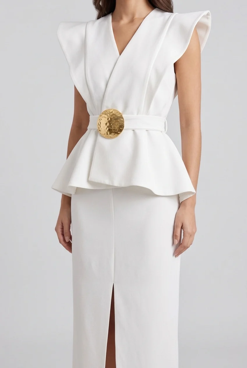 V-Neck Sculptural Shoulder Peplum Maxi Dress with Slit and Statement Belt [erp-image:f57d979ede71ad8c273a1d5d]