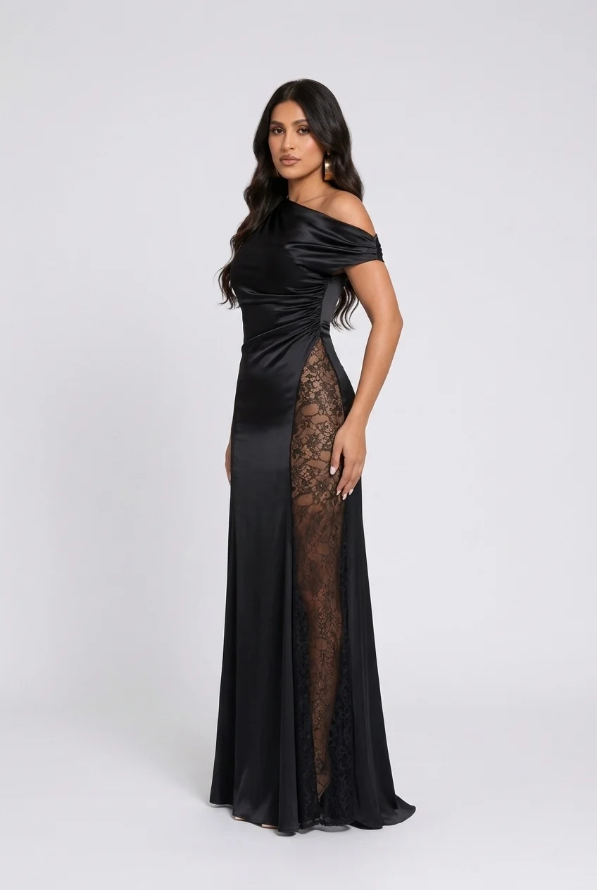 Women's One Shoulder Black Satin Maxi Dress with Sheer Lace Insert Panel [erp-image:7502d3628aa88593bcccfe60]