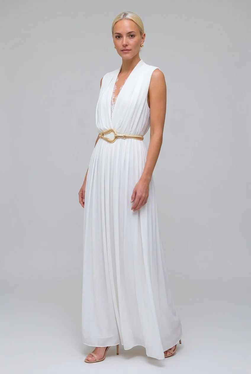 Sleeveless Deep V-Neck Lace Trim Pleated Maxi Dress in White [erp-image:f8b243e9239e0ae4f0ff0b34]