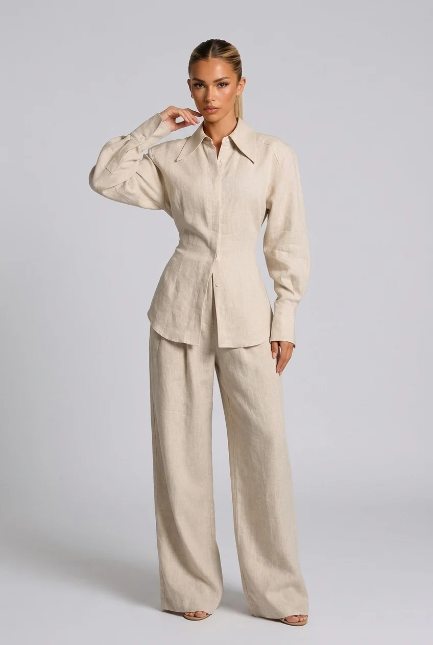 Long Sleeve Button Down Shirt and Wide Leg Pants Two Piece Set [erp-image:4f2760c33a8766790748a2bd]