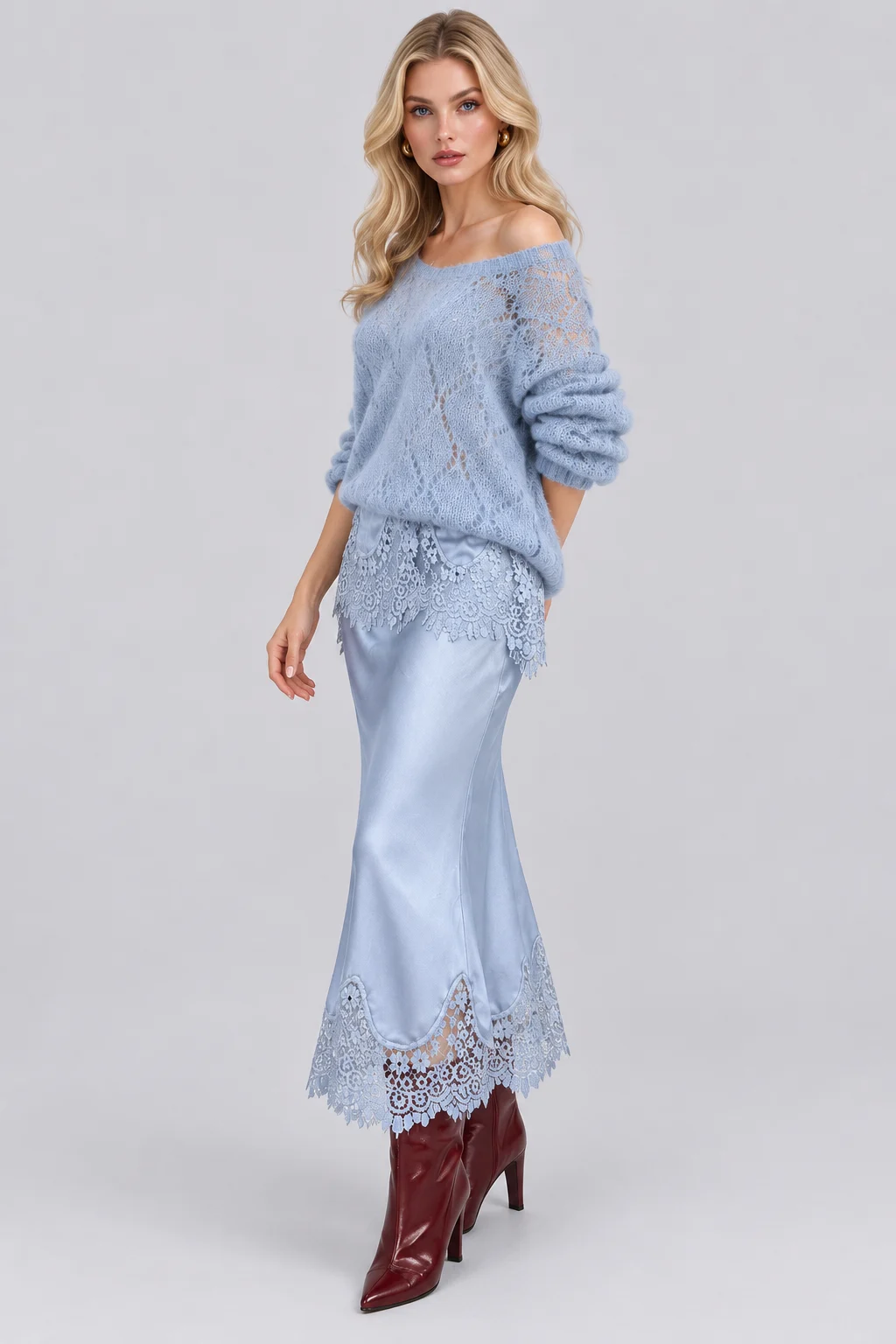 Open Knit Sweater and Lace Trim Satin Midi Skirt Set [erp-image:cd2a8b41305795cc172fd291]