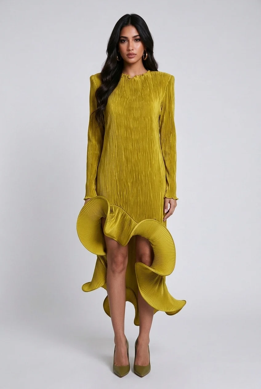 Long Sleeve Pleated High Low Dress with Sculptural Ruffle Hem [erp-image:47f1596c1dfa68d450dd77fd]