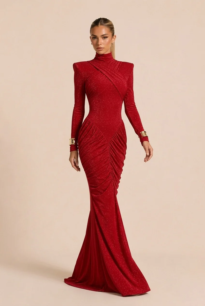 Red Glitter High Neck Ruched Long Sleeve Maxi Evening Dress with Shoulder Pads [erp-image:1c30f6af215d685a51ffa7fe]