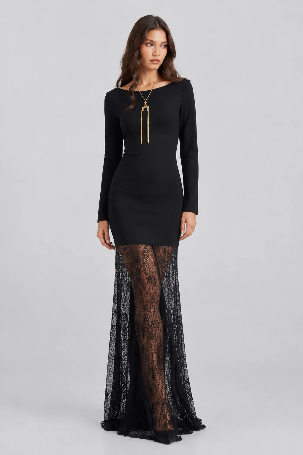Black Long Sleeve Boat Neck Bodycon Maxi Dress with Sheer Lace Hem [erp-image:2332d00de2bfd255c2fbe25a]