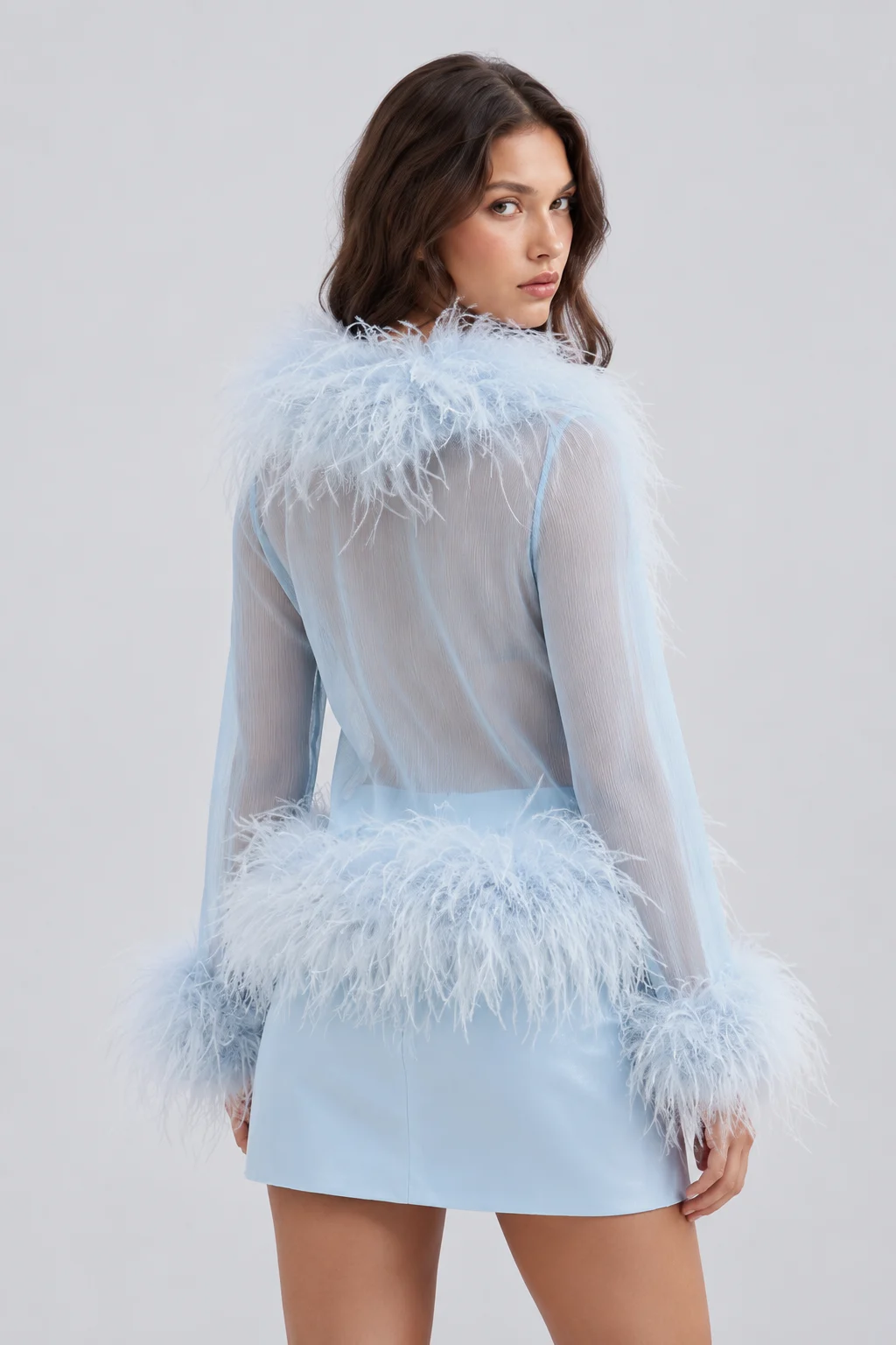 Feather Trim Long Sleeve Top and Mini Skirt Two Piece Set [erp-image:9afa65f0e90930035edae31a]