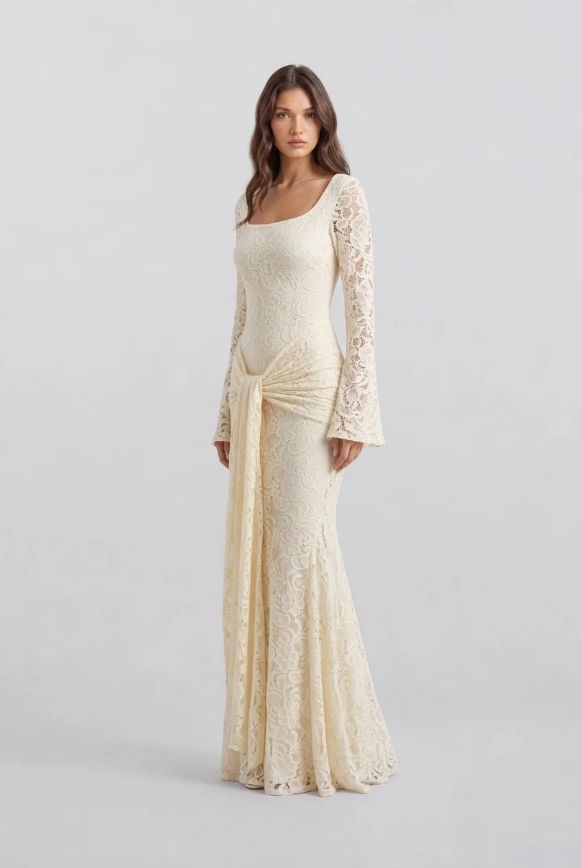 Butter Yellow Floral Lace Long Sleeve Maxi Dress with Draped Waist Sash [erp-image:c6b5ba945820a897ee64056c]