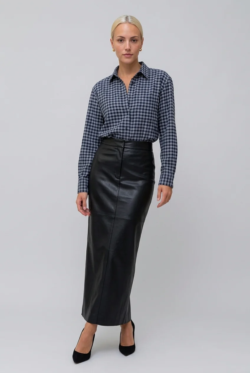 Plaid Long Sleeve Button-Down Shirt and Black Faux Leather Maxi Skirt Two Piece Set [erp-image:36270996c281d8c77ad54076]