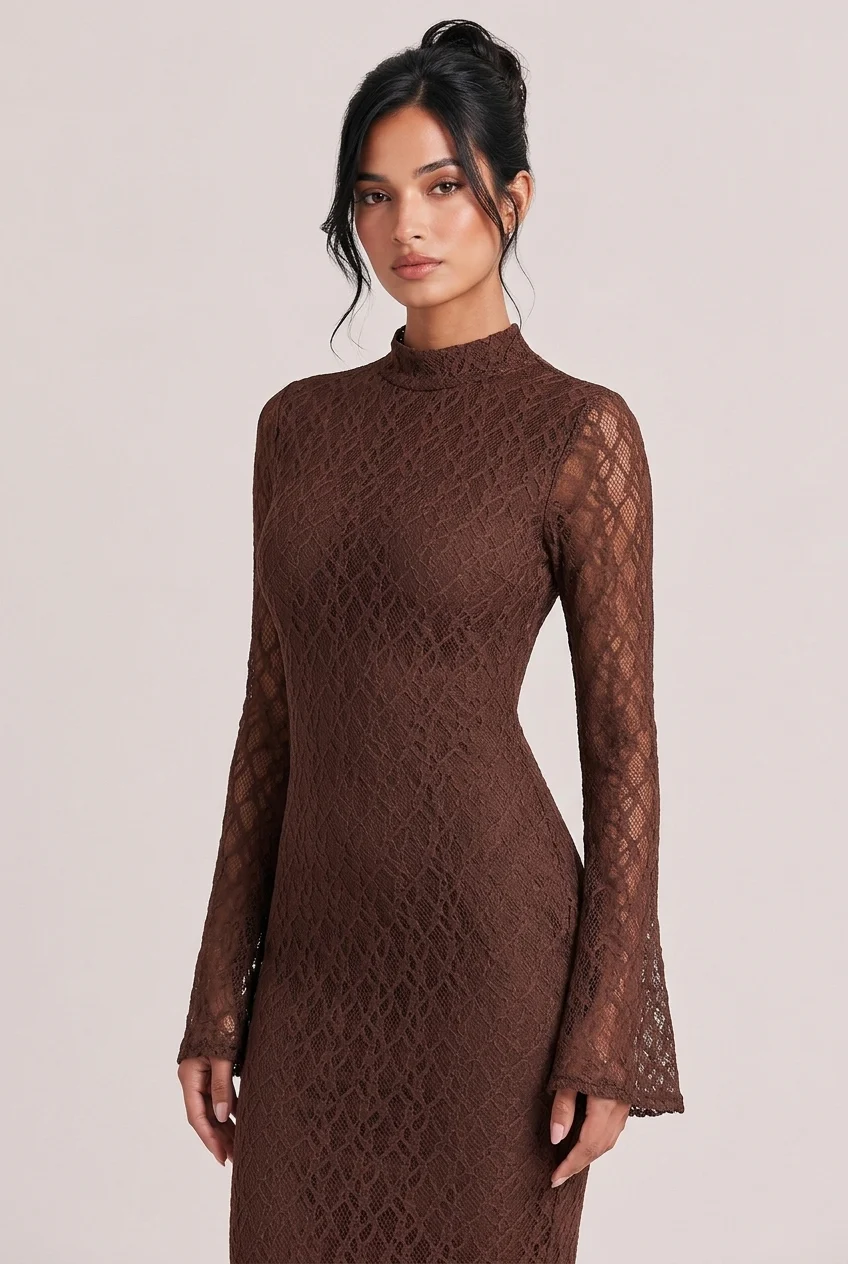 Brown Mock Neck Long Sleeve Lace Mermaid Midi Dress [erp-image:82dda810b6d79bd7785782d6]