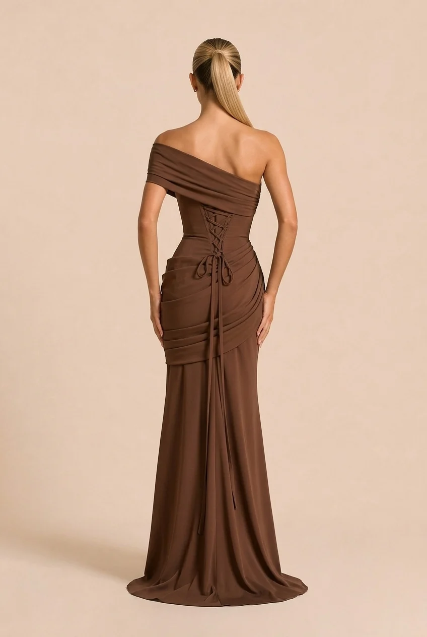 Brown Asymmetric Corset Lace-Up Draped Mermaid Maxi Evening Dress [erp-image:dea07d3a8139d8072742946f]