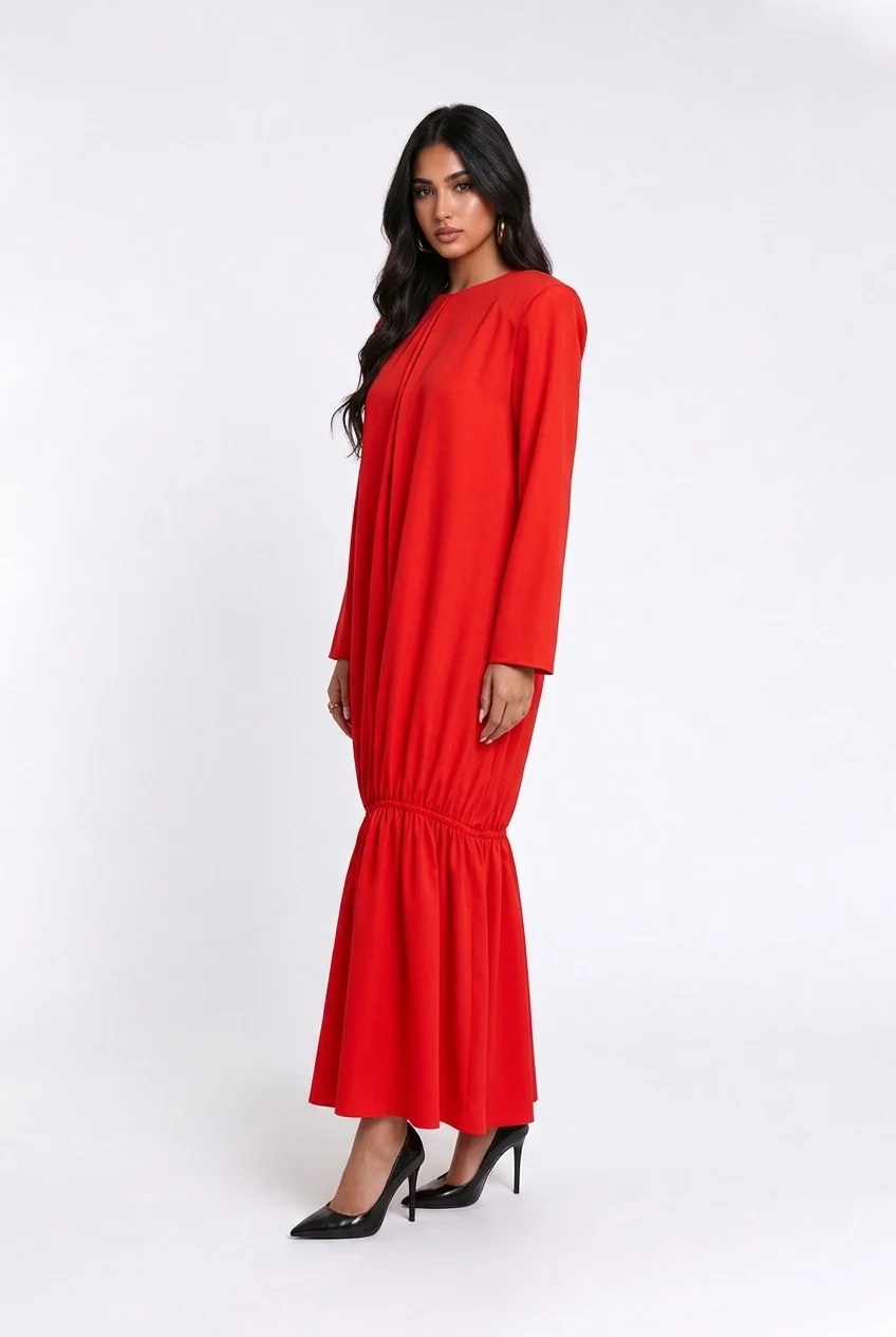 Red Padded Shoulder Long Sleeve Drop Waist Maxi Dress with Flounce Hem [erp-image:e95c2c2f080ea239620d1344]