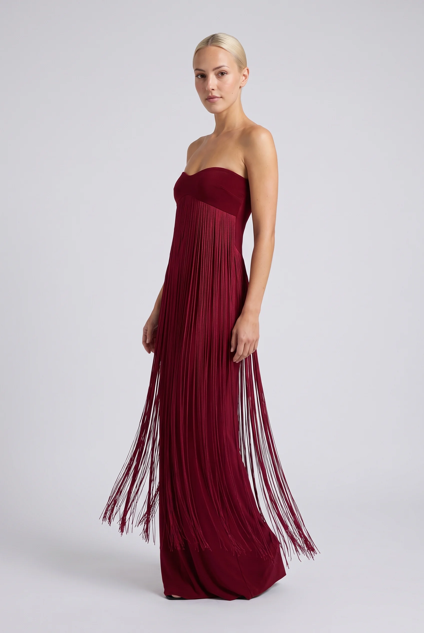 Burgundy Strapless Fringe Overlay Maxi Evening Party Dress [erp-image:91a4f4a6d9b0402bfe6c584d]