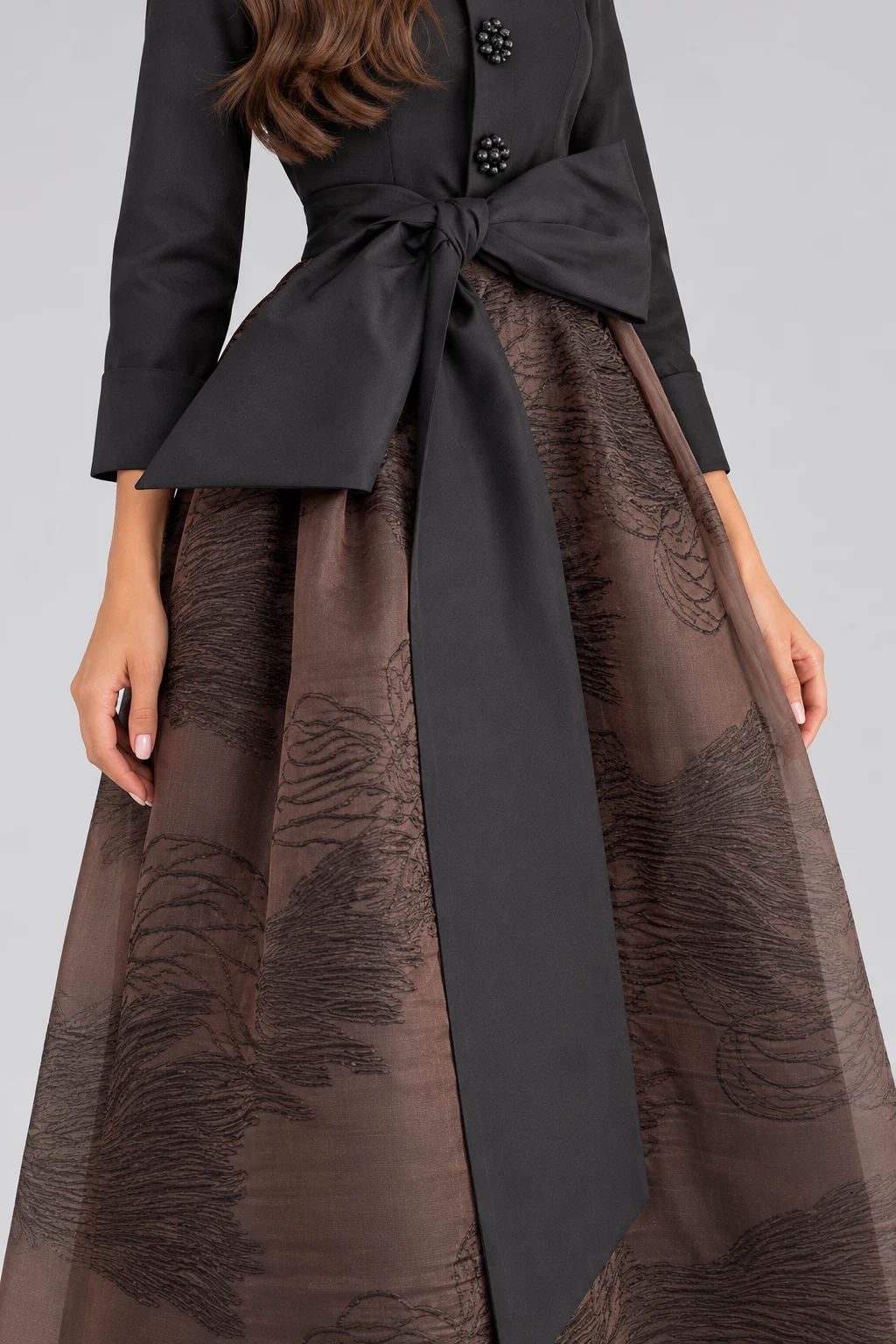 Elegant Black Long Sleeve Bow Belted Shirt Dress with Floral Buttons [erp-image:3d9c435ff571a3b1d1fe5262]