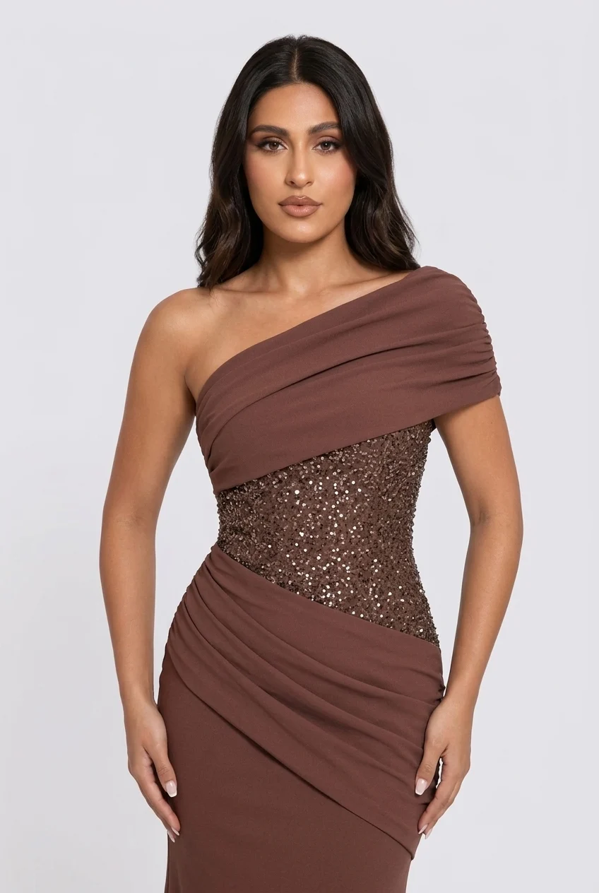 Brown One Shoulder Sequin Corset Draped Mermaid Maxi Evening Gown [erp-image:ccb38c8752e1fe39f7197c75]