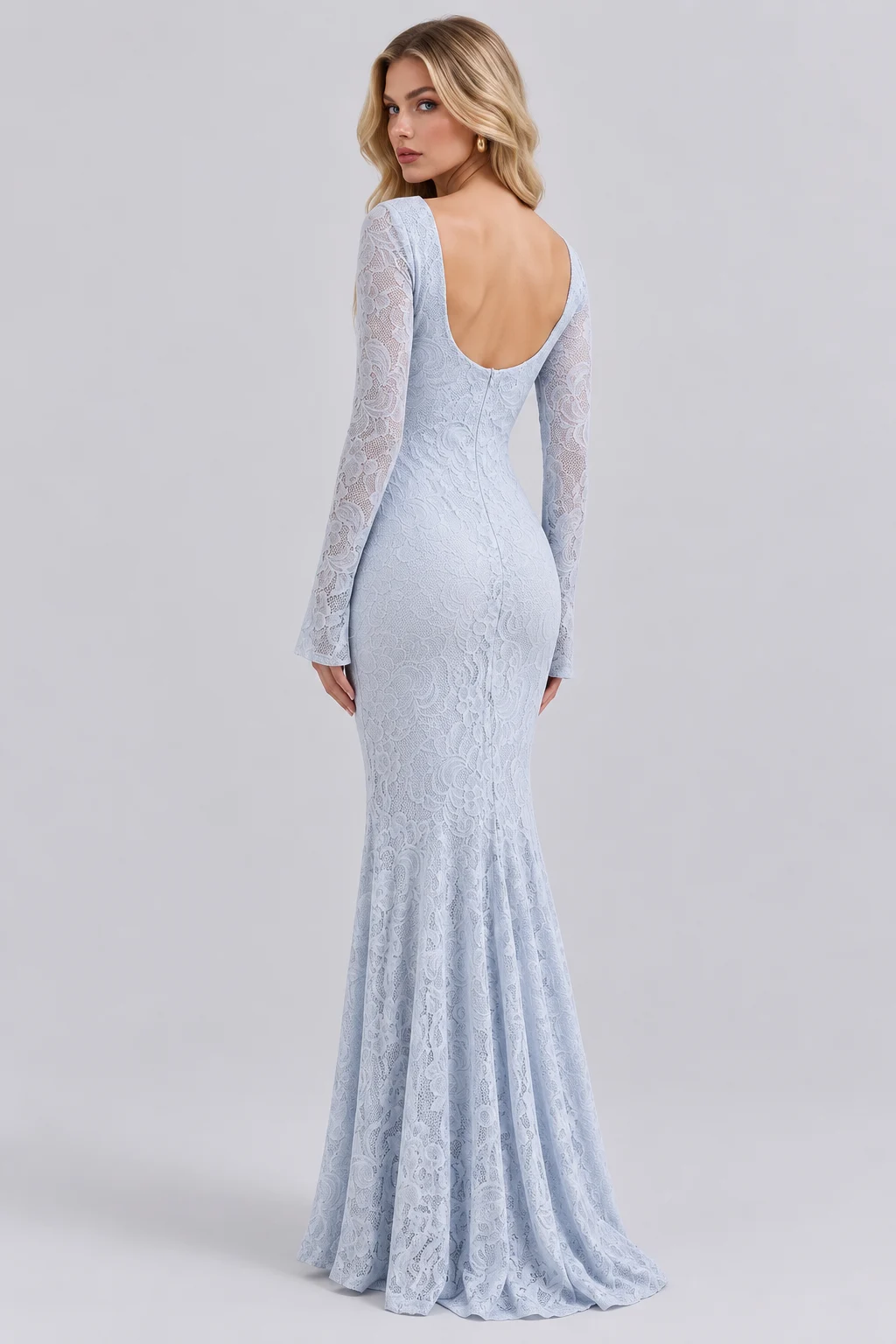 Square Neck Long Sleeve Lace Draped Front Maxi Dress [erp-image:09eb45842cefc5a3c8d689a5]