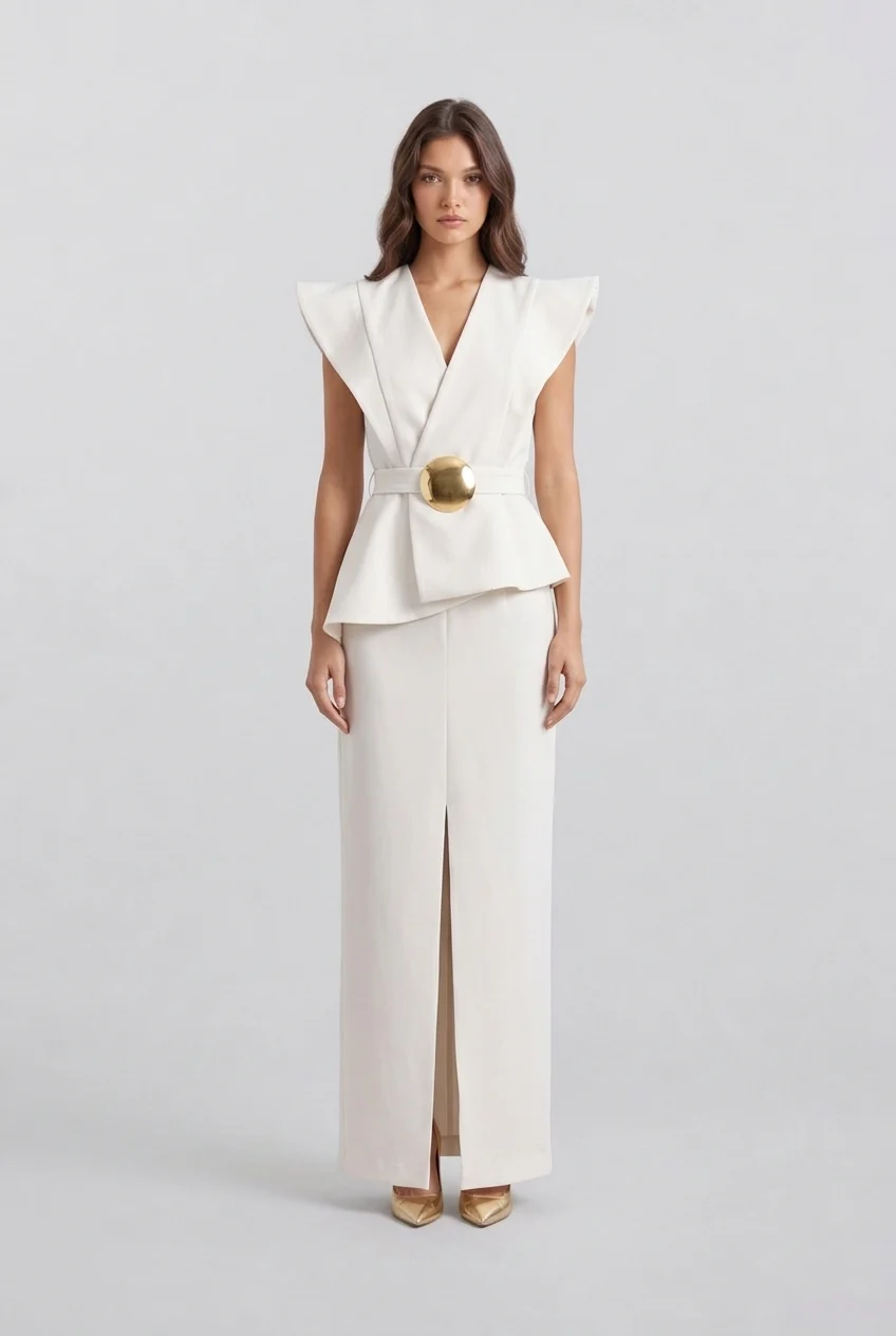 V-Neck Sculptural Shoulder Peplum Maxi Dress with Slit and Statement Belt [erp-image:673226554b37336e643030e3]