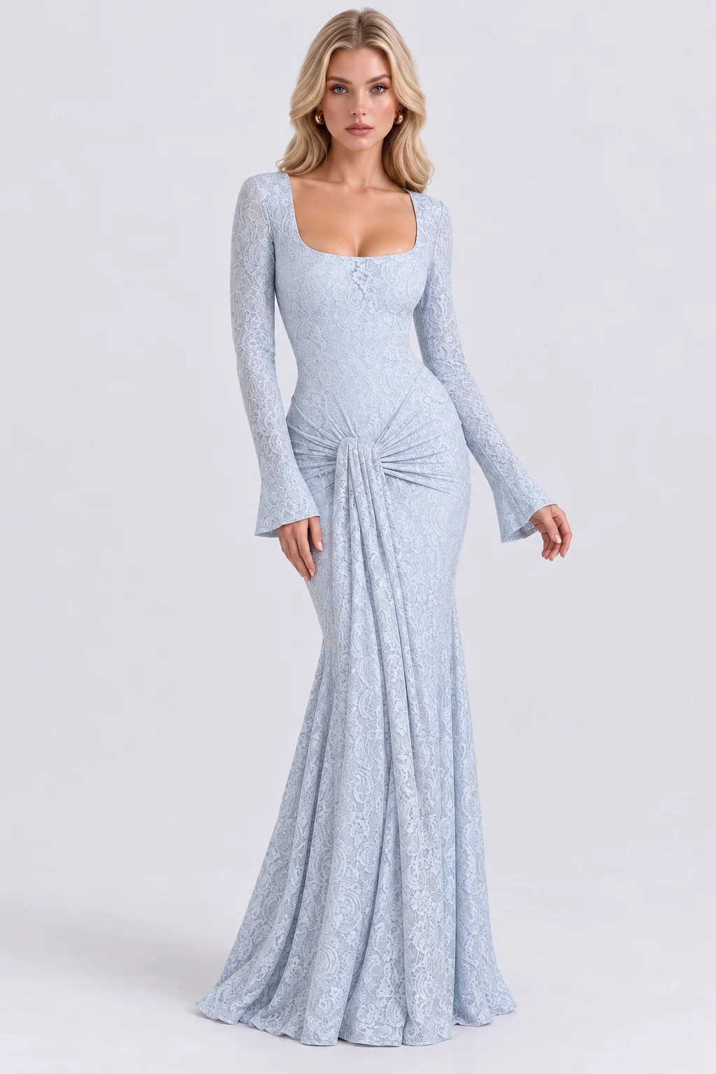 Square Neck Long Sleeve Lace Draped Front Maxi Dress [erp-image:576c0bd245305aae892ca1db]