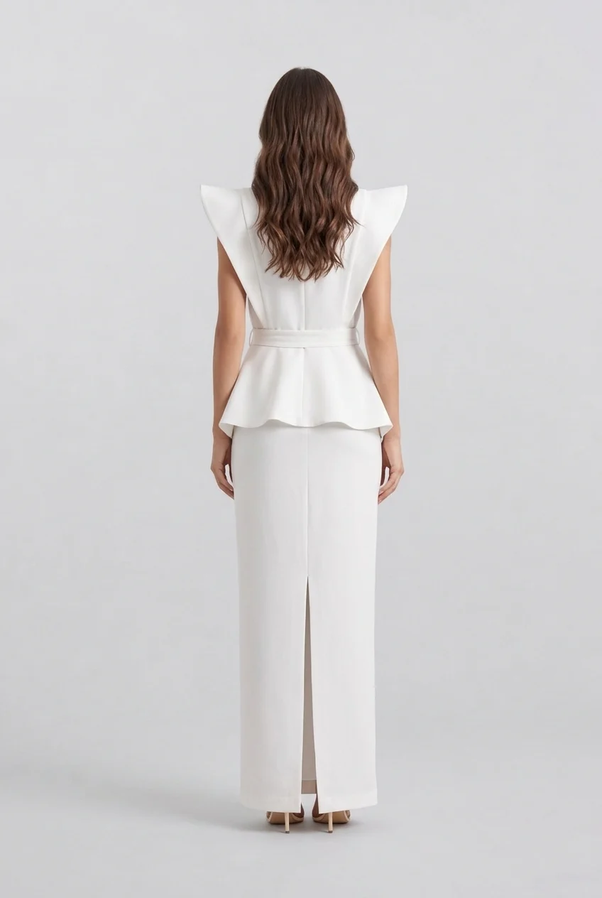 V-Neck Sculptural Shoulder Peplum Maxi Dress with Slit and Statement Belt [erp-image:8924dbecddf87f6debe3e515]