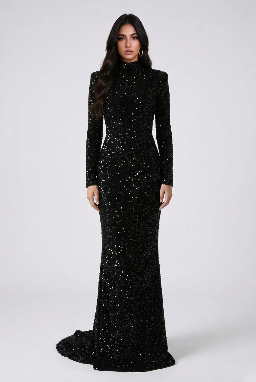 Black Sequin High Neck Long Sleeve Mermaid Maxi Evening Dress [erp-image:13e64bf7b8094538efa19702]