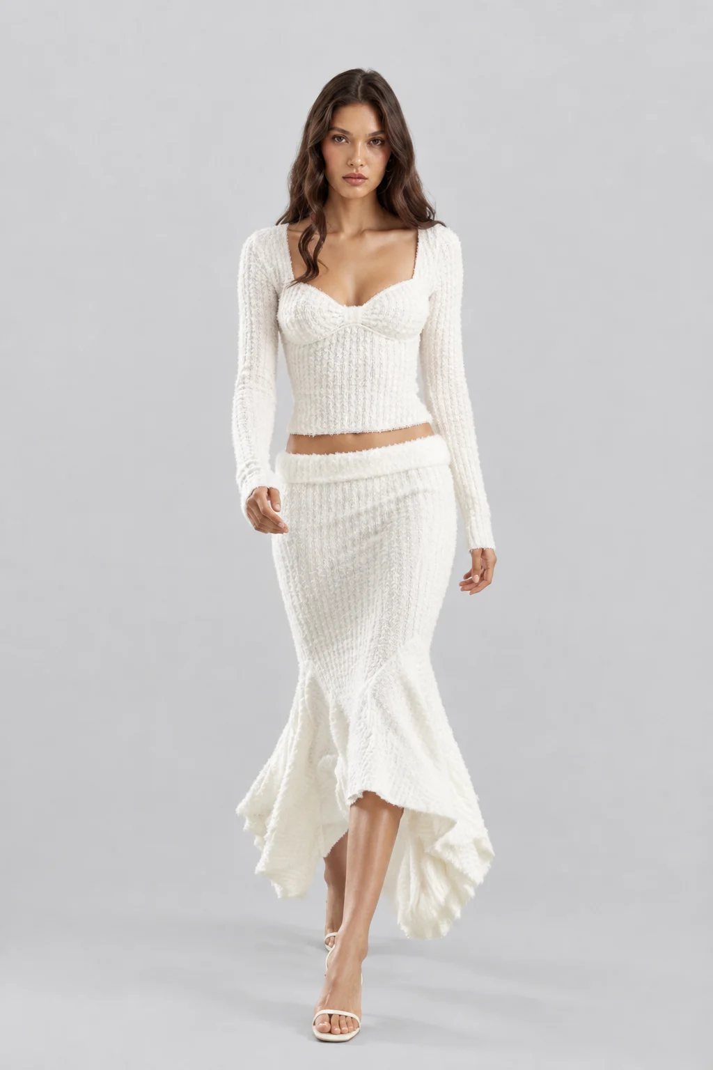 White Textured Knit Long Sleeve Crop Top and Ruffle Mermaid Skirt Two Piece Set [erp-image:0955f7b999ff6071000e0e6f]