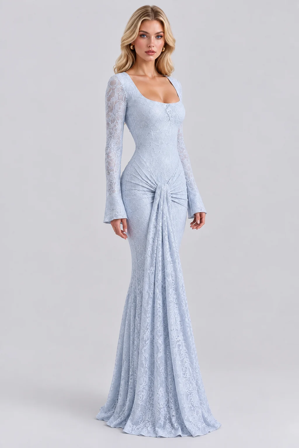 Square Neck Long Sleeve Lace Draped Front Maxi Dress [erp-image:c91a3a15d2ecb3e78b4e9b3b]