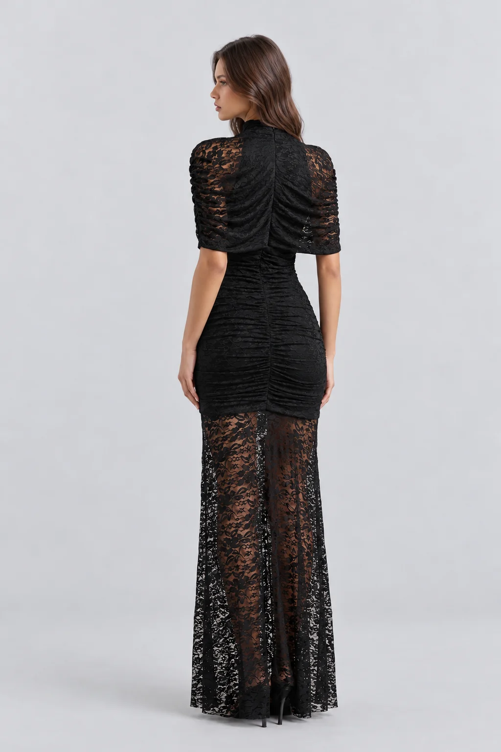High Neck Ruched Black Floral Lace Semi Sheer Column Maxi Dress [erp-image:0fe4ad49df46c5a7a96bc086]