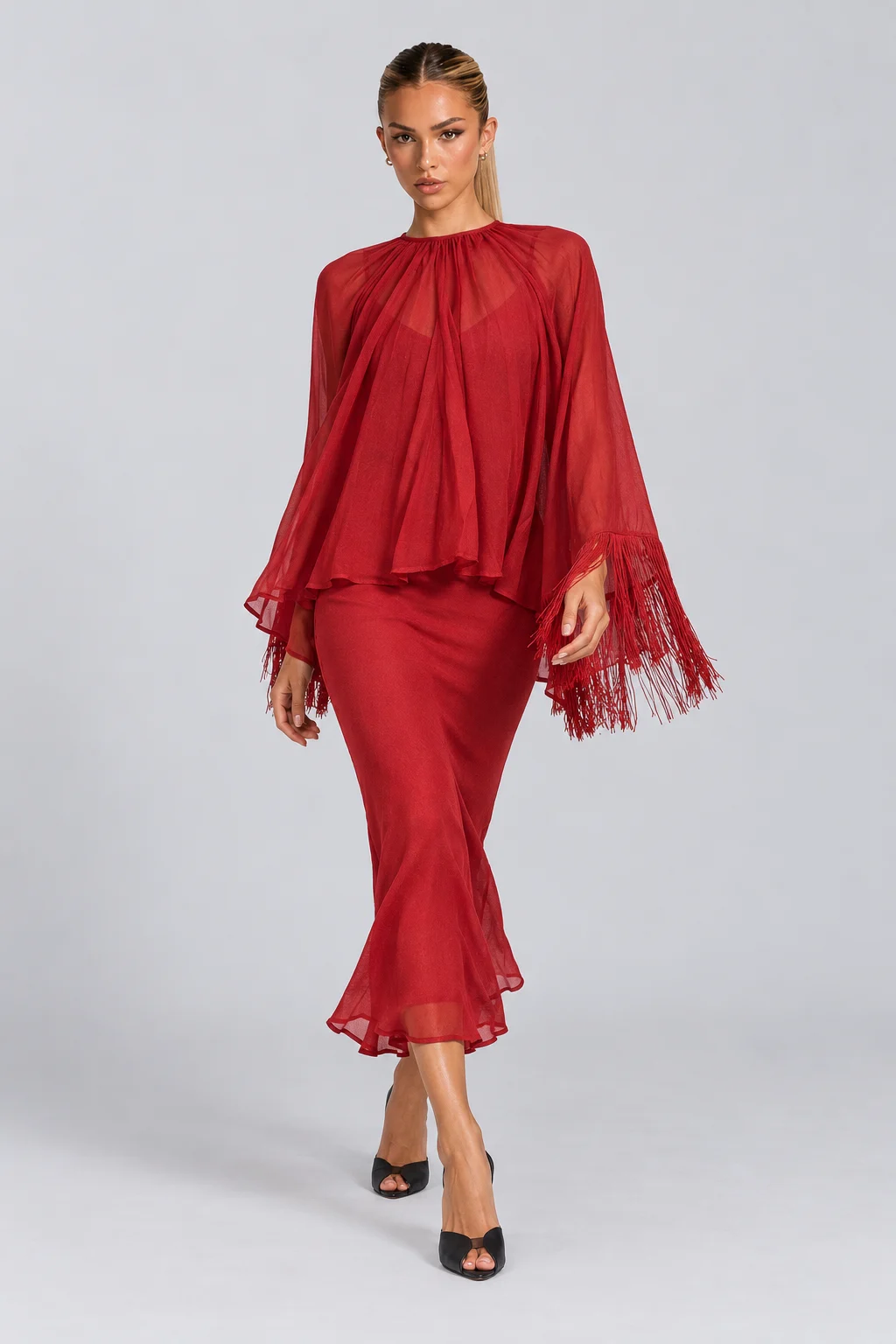 Red Fringe Capelet Top and Slip Midi Dress Two Piece Set [erp-image:df107428ddd2458d8e344756]